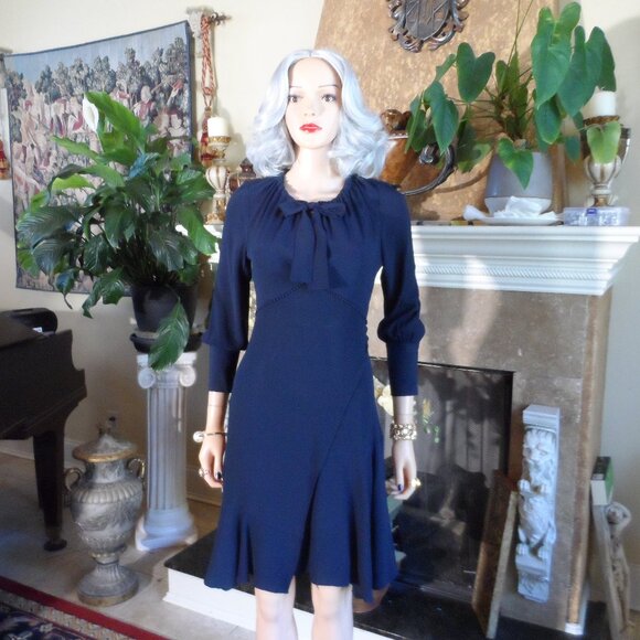 Derek Lam 10 Crosby Blue Silk Blend Sheath Dress w/Front Neck Tie Detail Size 4 - Picture 1 of 16